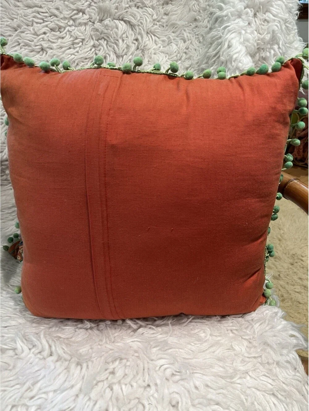 Karma Living Bohemian Coral Green Pom Pom Throw Pillow Hippie 60s Colorful 14” 2